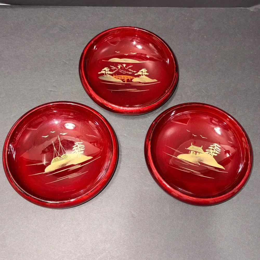 3 Vtg Japanese Lacquerware Salad Bowls Cinnabar Red Gold Chinoiserie Landscape